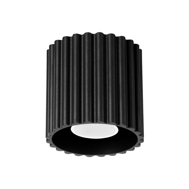 Plafonnier spot Aura cylindrique en aluminium noir cannelé, douille GU10, vue de face