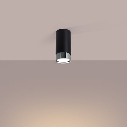 plafonnier spot cylindre noir et chrome 12,5 cm, lumière allumée