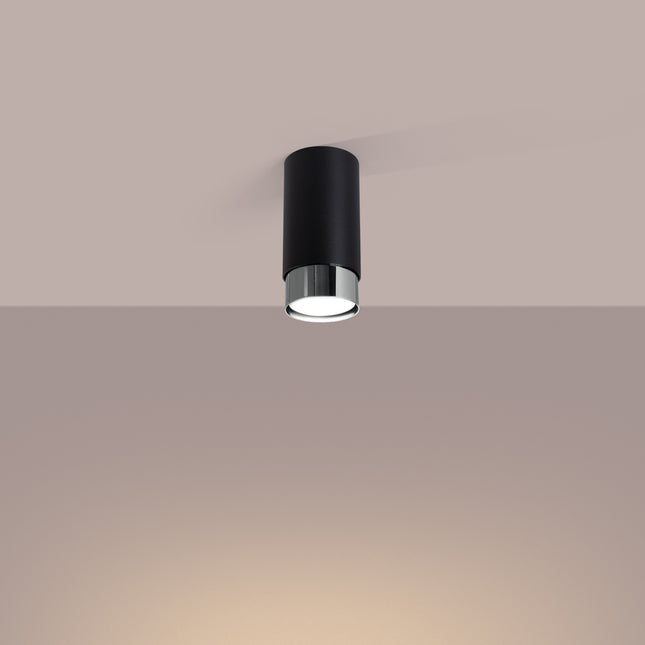 plafonnier spot cylindre noir et chrome 12,5 cm, lumière allumée