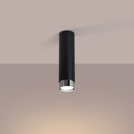 plafonnier spot cylindre noir et chrome 22,5 cm, lumière allumée