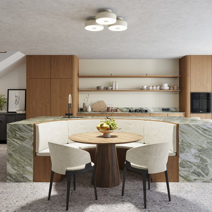 plafonnier tambour 30 cm beige à 4 lumières, dans une pièce à vivre