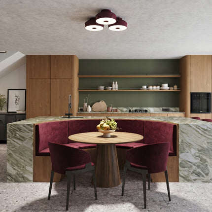 plafonnier tambour 30 cm bordeaux à 4 lumières, dans une pièce à vivre