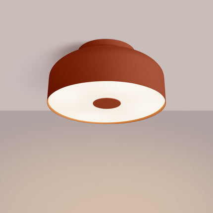 plafonnier tambour 30 cm rouge ocre à 4 lumières, lumière allumée