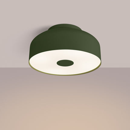 plafonnier tambour 30 cm vert olive à 4 lumières, lumière allumée