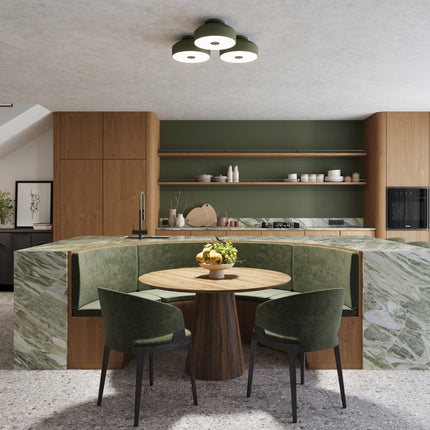 plafonnier tambour 30 cm vert olive à 4 lumières, dans une pièce à vivre