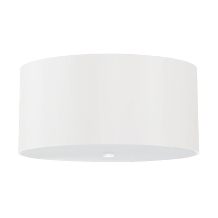 Plafonnier tambour en tissu blanc sur fond blanc, diffuseur en verre visible en partie basse