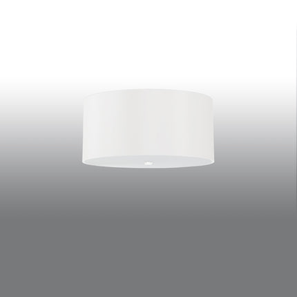 Plafonnier tambour en tissu blanc, large abat-jour rond avec diffuseur clair sur fond gris dégradé