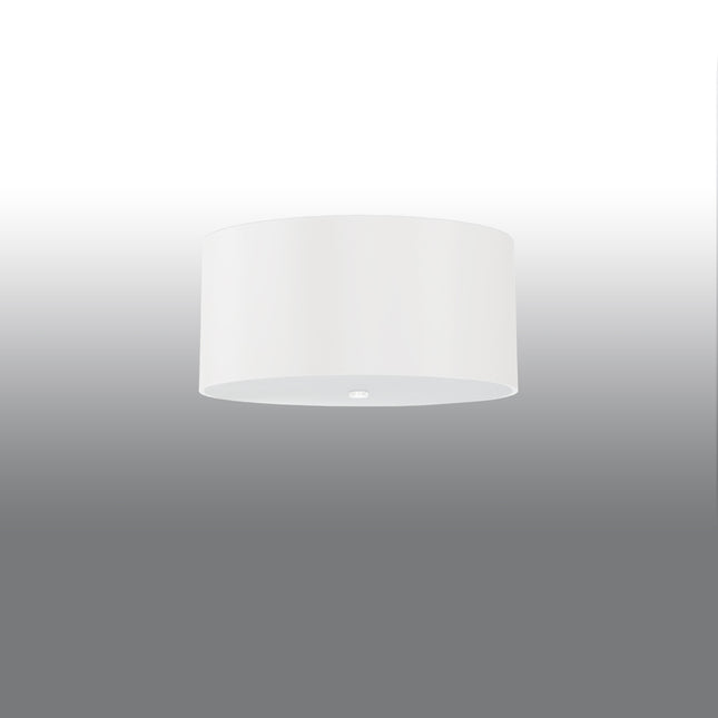Plafonnier tambour en tissu blanc, large abat-jour rond avec diffuseur clair sur fond gris dégradé