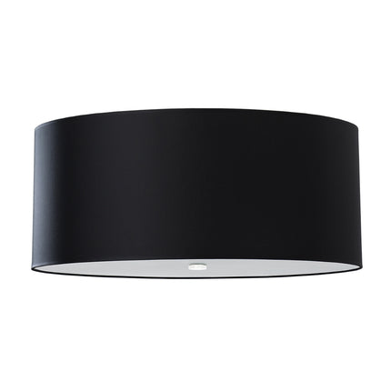Abat-jour rond en tissu noir du plafonnier 70 cm, vu de face avec son diffuseur en verre inférieur.
