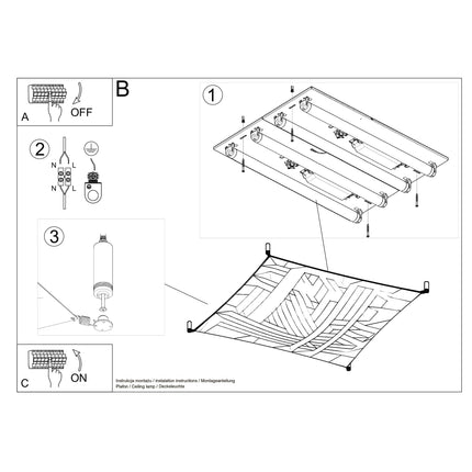 Notice de montage du plafonnier en tissu tendu blanc, fixation des tubes LED et de la membrane.