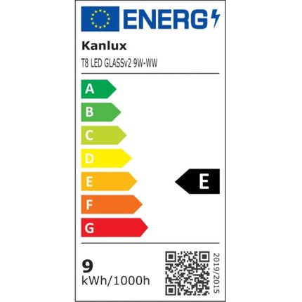 Étiquette énergétique du tube LED T8 fourni, classe énergétique E.