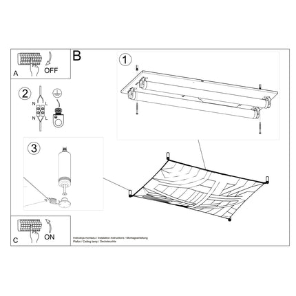 Notice de montage du plafonnier en tissu tendu blanc, fixation des tubes LED et de la membrane.