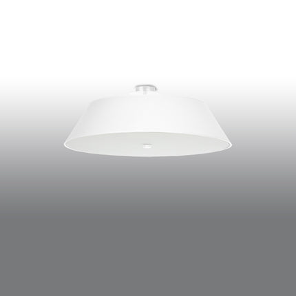 Plafonnier tissu blanc trapèze vu de profil, fixation au plafond et diffuseur en verre