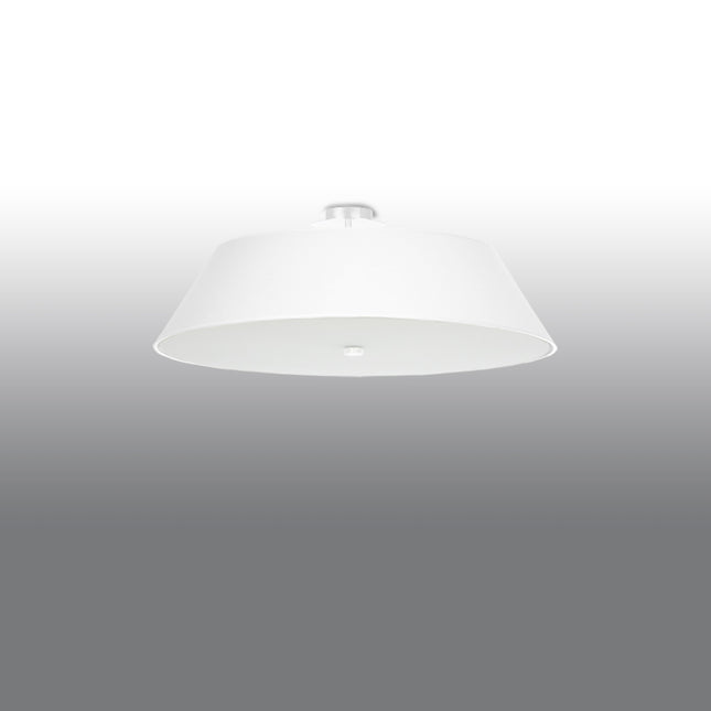Plafonnier tissu blanc trapèze vu de profil, fixation au plafond et diffuseur en verre
