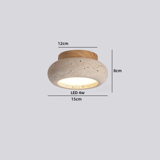 Schéma des dimensions du plafonnier travertin bois clair, diamètre 15 cm hauteur 8 cm