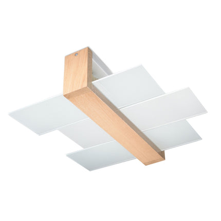 Plafonnier triple panneaux en bois naturel et verre sur fond neutre