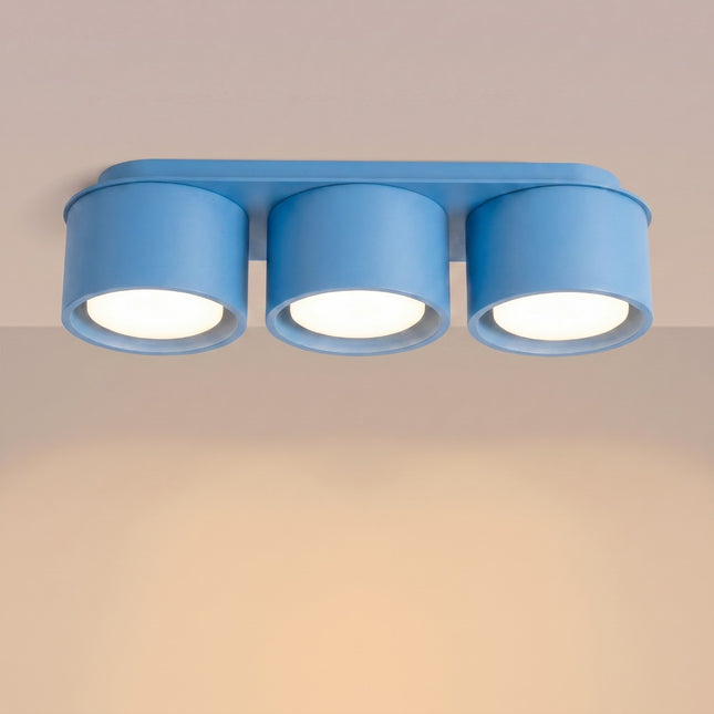 Plafón de triple Pastilla azul azur, luz encendida