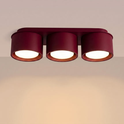 Plafonnier triple Pastille bordeaux, lumière allumée