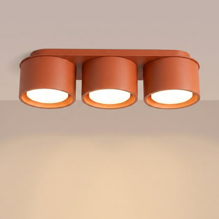 Plafonnier triple Pastille rouge ocre, lumière allumée