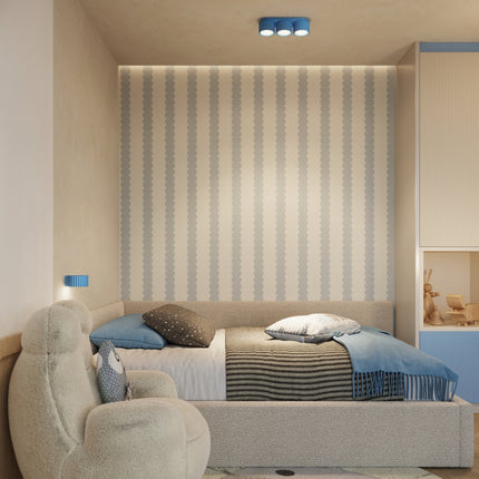 Plafonnier Triple Spot Aura Aluminium Cannelé Bleu Azur (GX53), mise en situation