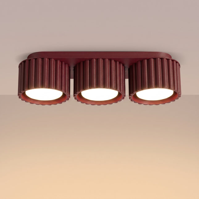 Triple ceiling light Aura spotlight burgundy, light on