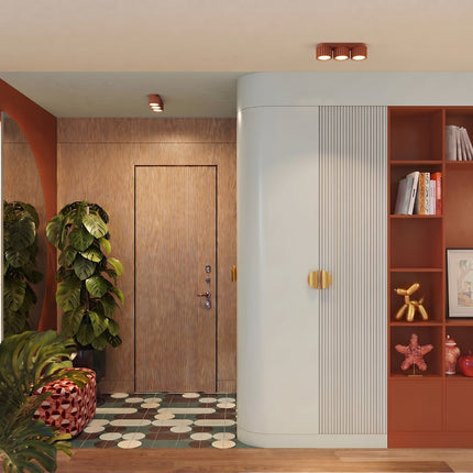 Plafonnier triple spot Aura rouge ocre, vue d'ambiance