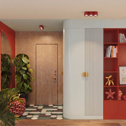 Plafonnier triple spot Aura rouge vif, vue d'ambiance