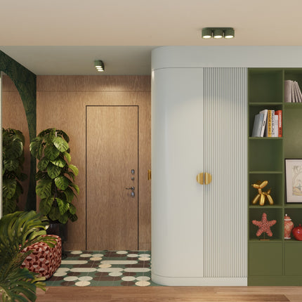 Plafonnier triple spot Aura vert olive, vue d'ambiance