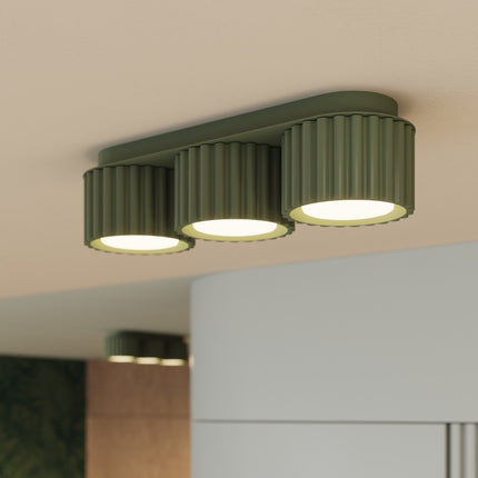 Plafonnier triple spot Aura vert olive, intérieur contemporain