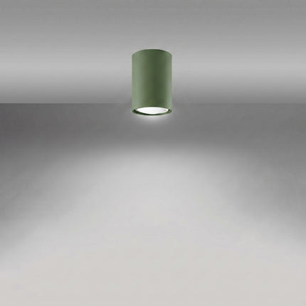 Plafonnier Tube 10 Acier Vert Olive, Spot Plafond GU10, lumière allumée
