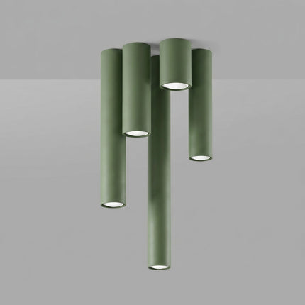 Plafonnier Tube 10 Acier Vert Olive, Spot Plafond GU10, vue sur fond coloré