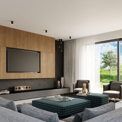 Plafonnier Tube 10 en acier noir, photo d'ambiance dans un intérieur, spot GU10 à fixation plafond, style japa