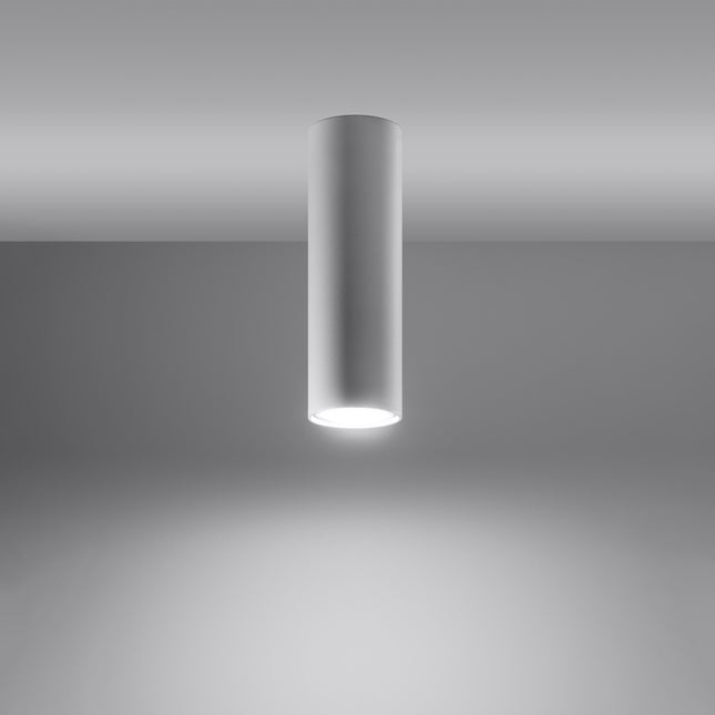 Plafonnier Tube 20 en acier blanc, vue en contre-plongée, spot GU10 à fixation plafond, style japandi épuré