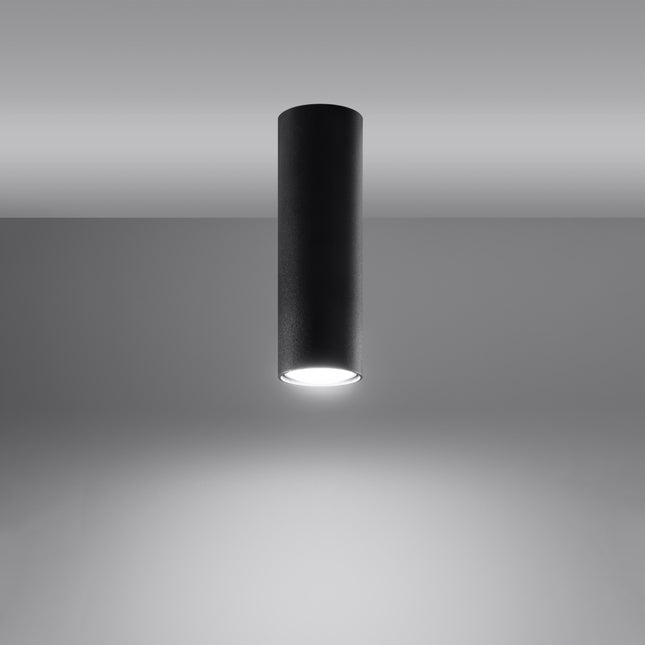 Plafonnier Tube 20 en acier noir, vue en contre-plongée, spot GU10 à fixation plafond, style japandi épuré