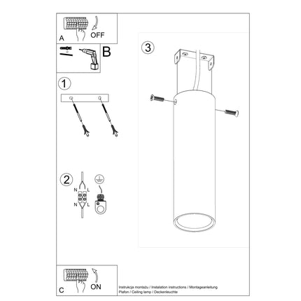 Plafonnier Tube 20 en acier noir, schéma technique complémentaire, spot GU10 à fixation plafond, style japandi