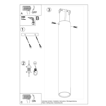 Plafonnier Tube 40 en acier blanc, schéma technique complémentaire, spot GU10 à fixation plafond, style japand