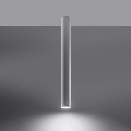 Plafonnier Tube 60 en acier blanc, vue en contre-plongée, spot GU10 à fixation plafond, style japandi épuré