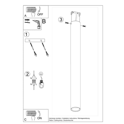 Plafonnier Tube 60 en acier blanc, schéma technique complémentaire, spot GU10 à fixation plafond, style japand