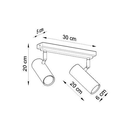 Schéma de cotes du plafonnier tube ajustable blanc à deux spots, 30 x 6 x 20 cm