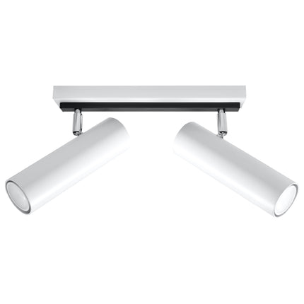 Plafonnier tube ajustable blanc à deux spots cylindriques orientables sur fond blanc