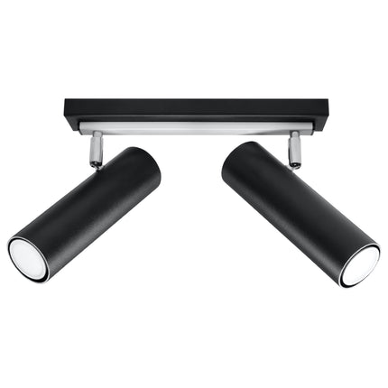 Plafonnier tube ajustable noir à deux spots cylindriques orientables sur fond blanc