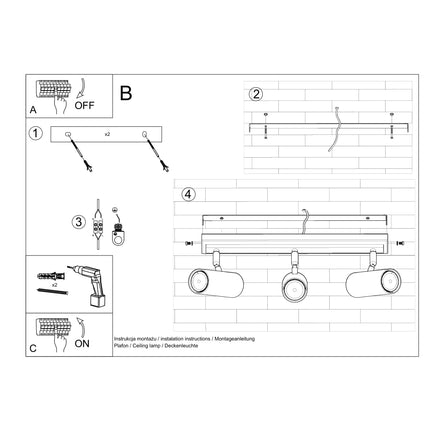 Instructions de montage du plafonnier tube ajustable blanc à trois spots