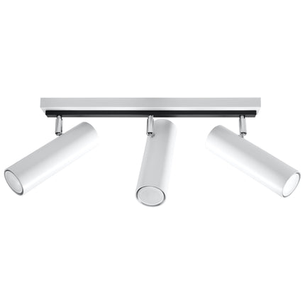 Plafonnier tube ajustable blanc à trois spots cylindriques orientables sur fond blanc