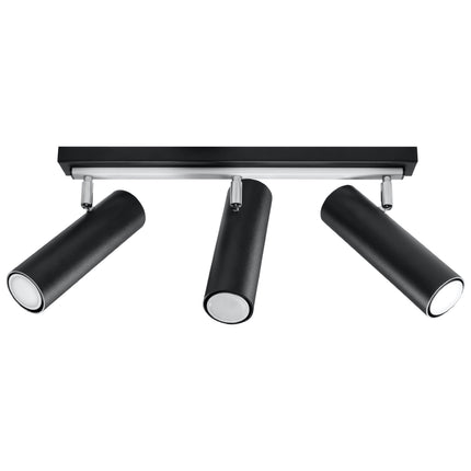 Plafonnier tube ajustable noir à trois spots cylindriques orientables sur fond blanc