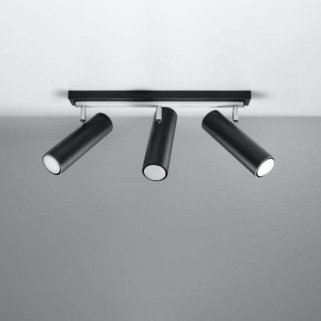 Plafonnier tube ajustable noir à trois spots fixé au plafond