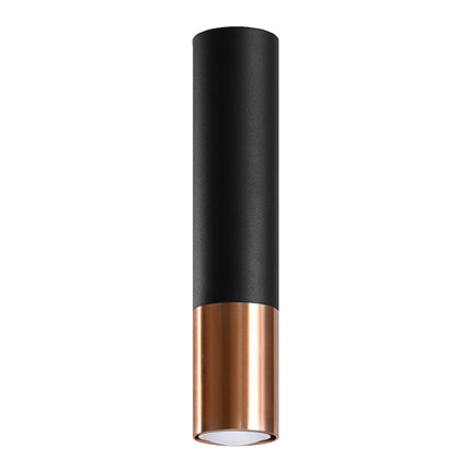 Plafonnier tube spot en acier noir mat et cuivre, silhouette cylindrique verticale
