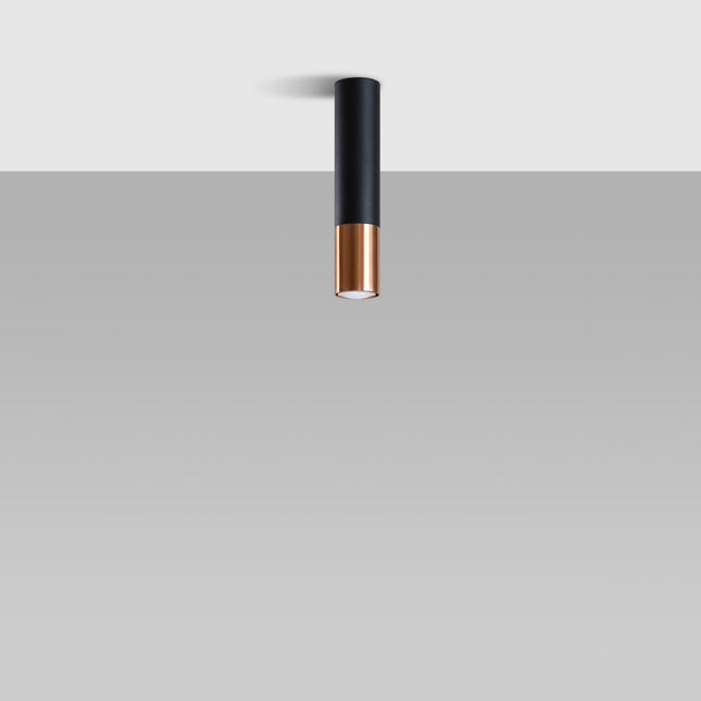 Plafonnier tube noir et cuivre fixé au plafond, spot de plafond design contemporain