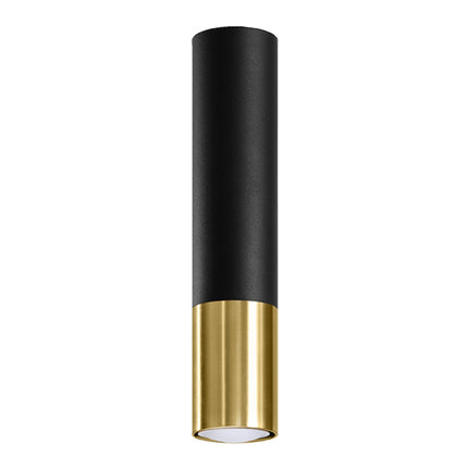 Plafonnier tubulaire en acier noir mat avec pointe dorée, vue de face sur fond blanc