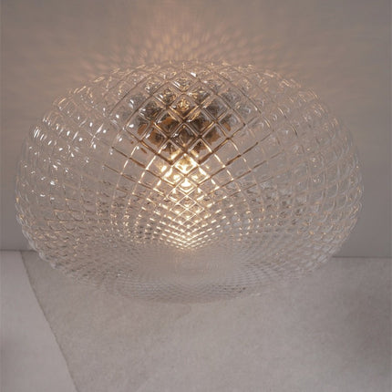Plafonnier Venice vu de dessous, ampoule E27 allumée à travers le verre transparent