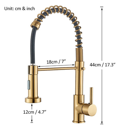 Schéma des dimensions du robinet de cuisine doré : hauteur 44 cm, portée 18 cm, tête 12 cm
